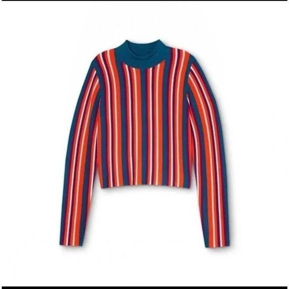 Target Sweaters - Victor Glemaud x Target Teal Striped Mock Turtleneck Multi Pullover Swea…